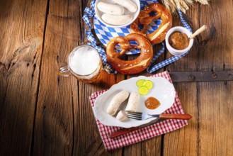Bavarian veal sausage pretzels and beer at the Oktoberfest