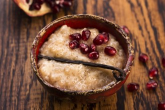 A bowl of tapioca pudding with vanilla and pomegranate