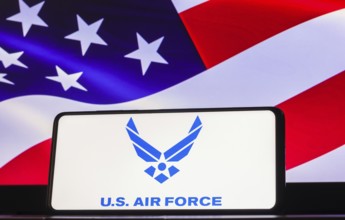 In this photo illustration the United States Air Force (USAF) logo seen displayed on a smartphone