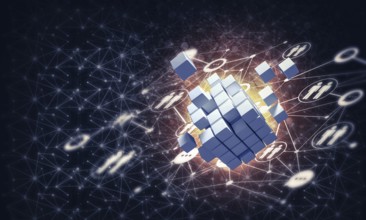 Conceptual background image with cube figure and social connection lines. 3d rendering
