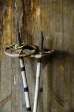 Old vintage ski poles on a wooden background