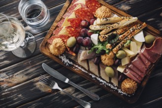 food still-life, Cheese, meat, grapes and olives antipasto