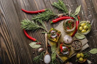 Flat lay food background made of oils condiments and spices on kitchen table. Cooking concept