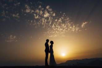 Silhouette of the newlyweds against the sky at sunset. Wedding in Montenegro. Silhouette of a