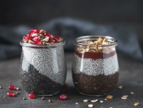 Two chia pudding in glass jars on dark table. Two colors charcoal chia puding with pomegranate,