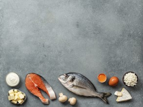 Vaitamin D sources concept with copy space for text. Fish, salmon, dairy products, eggs, mushrooms