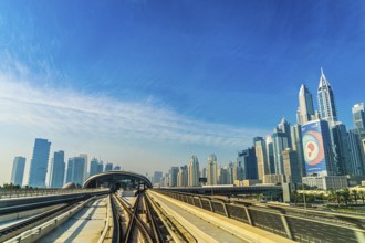 UAE Dubai skyline visible from the Dubai Metro. Shooting Location: Dubai
