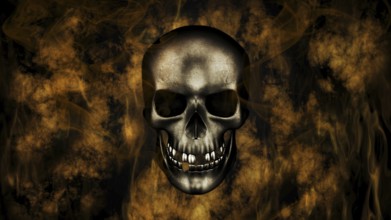 Happy Halloween. Human Skull With Smoke And Fire 3D Rendering