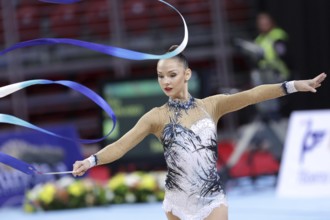 Sofia, Bulgaria - 6 May, 2017: Anastasiya Serdyukova from Uzbekistan performs during Rhythmic