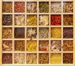 30 types of Italian pasta collection. Various colors of pasta viewed from above. Top view