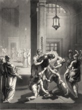 After the Sanhedrin trial of Jesus, New Testament, steel engraving 1853, digitally restored