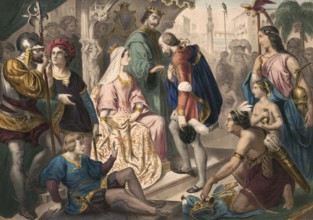 Christopher Columbus standing before King Ferdinand and Queen Isabella on his return to Spain,
