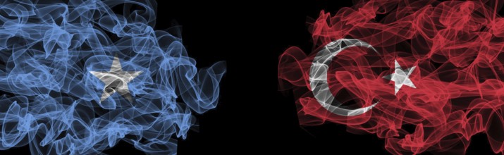 Flags of Somalia and Turkey on Black background, Somalia vs Turkey Smoke Flags