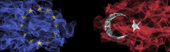 Flags of EU and Turkey on Black background, EU vs Turkey Smoke Flags