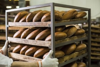 Industrial bakery with fresh bread on racks. Worker at food factory. Healthy pastry production