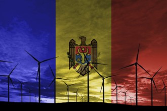 Moldova flag wind farm at sunset, sustainable development, renewable energy Wind Turbines