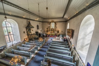 Oregrund, Uppland, Sweden, 30 07 2019 Wooden traditional interior design of the evangelic church