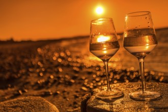 Wine on the baltic sea beach at sunset