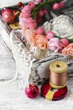 Stylish vintage wooden box with women jewellery and beads