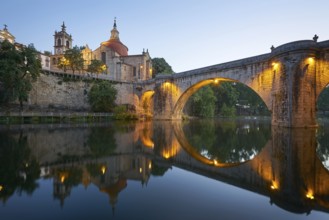 Amarante church view with Sao Goncalo bridge at sunset, in Portugal