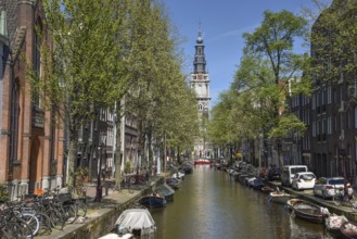 Amsterdam, Netherlands, May 2022. view at the Zuiderkerk from the Kloveniersburgwal in Amsterdam