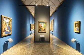 Milan, Italy, 23 September 2023: Brera antique painting museum interior. Vintage art exibition,