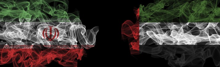 Flags of Iran and UAE on Black background, Iran vs United Arab Emirates Smoke Flags