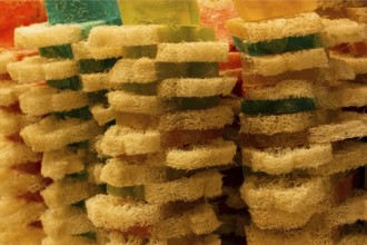 Various isolated homemade bar soaps. Handmade colorful soap, spa bath products for body spa skin