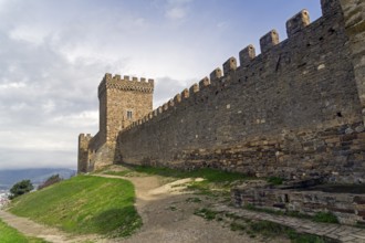 Genoese fortress in Sudak, Crimea.The Citadel and the wall of the upper tier of defense. Cloudy