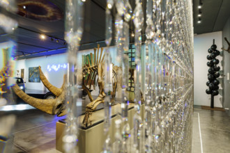 Curtain of Swarovski crystals and fossilized skeleton of Siberian woolly rhinoceros (Coelodonta