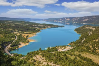Magnificent lake with turquoise water among wooded hills. Canyon of Verdon, Provence