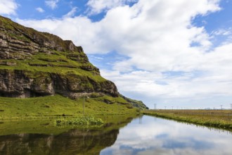 Usual summer in Iceland. Smooth water of the cold lake reflects clouds