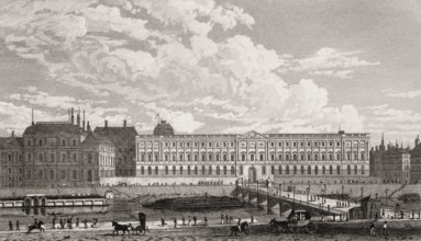 The Louvre Museum, Paris, antique steel engraved print, 1831