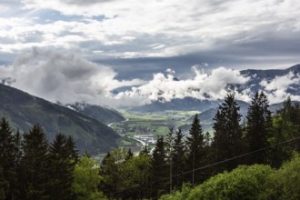 Clouds and fog over the Liesingtal, in the valley the village Traboch, Schoberpass federal road,