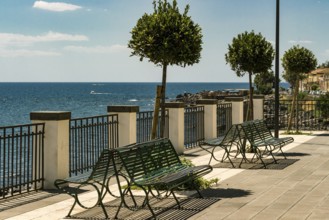 Bench and little trees at the sicilian sea, Italy