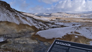 Seltún, Krýsuvík, Iceland, 03-23-2021: View over geothermal area Seltún, part of volcanic system
