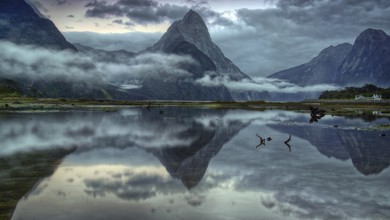 Milford Sound, fog, reflection, lake, South Island, mountains, New Zealand, Milford Sound, South