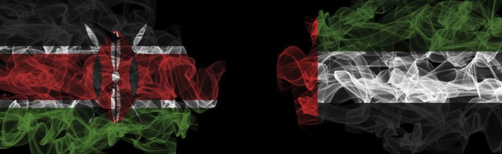 Flags of Kenya and UAE on Black background, Kenya vs United Arab Emirates Smoke Flags