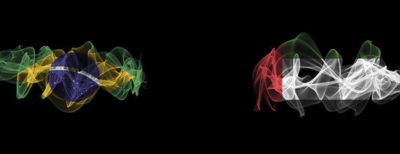 Flags of Brazil and UAE on black background, Brazil vs United Arab Emirates smoke flags