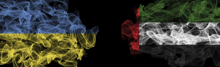 Flags of Ukraine and UAE on Black background, Ukraine vs United Arab Emirates Smoke Flags