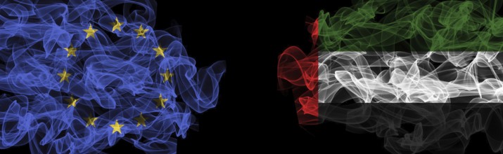 Flags of EU and UAE on Black background, EU vs United Arab Emirates Smoke Flags