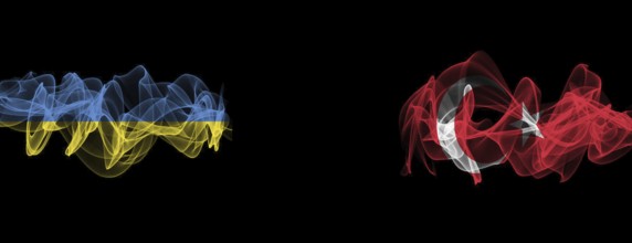 Flags of Ukraine and Turkey on Black background, Ukraine vs Turkey Smoke Flags