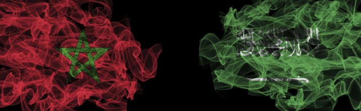 Flags of Morocco and Saudi Arabia on Black background, Morocco vs Saudi Arabia Smoke Flags