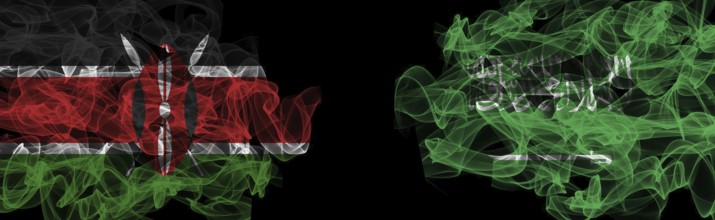 Flags of Kenya and Saudi Arabia on Black background, Kenya vs Saudi Arabia Smoke Flags