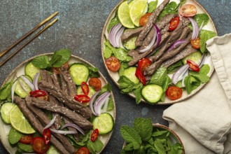 Two plates with traditional Thai beef salad with vegetables and mint top view served on rustic