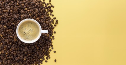 International coffee day, a cup of Arabica coffee beans on a yellow background
