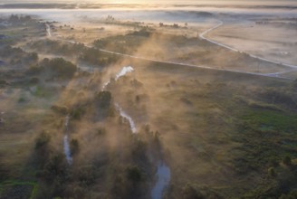 Sunset aerial atmospheric view on river in Ural Russia. Drone photography