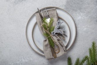 Food, Cristmas table cutlery set with holiday decoration. Top view, copy space