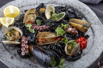 Food, Seafood black fettuccine fehttuchini. Black pasta with squids, octopus clams, mussels on