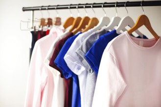 Rack with various feminine shirts placed in minimalist style room with white walls